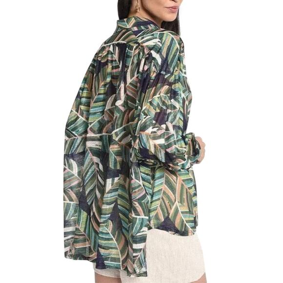 Molly Bracken Green Aloha Print Long Balloon Sleeve Button Up Relaxed Flared Top - Picture 2 of 13